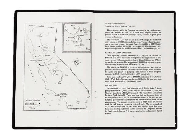 Annual report pages showing Cal Water service area map and growth history