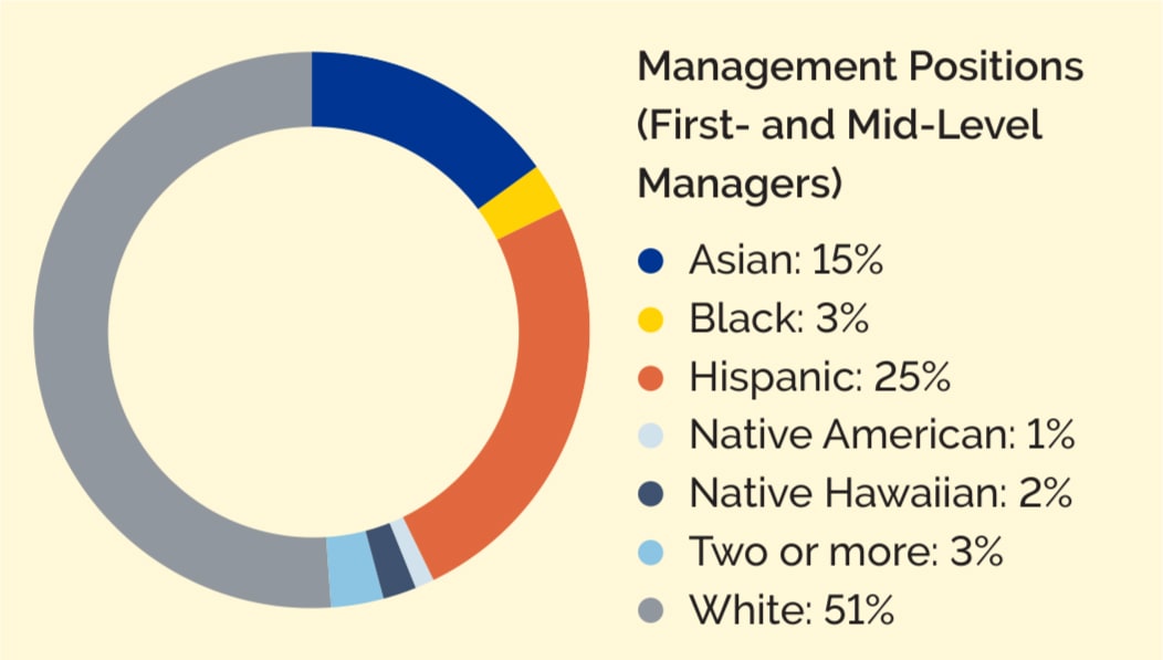 Donut chart showing the 2022 breakdown of racial/ethnic diversity in the workforce for management positions (first- and mid-level managers). 15% of management positions are Asian, 3% are Black, 25% are Hispanic, 1% are Native American, 2% are Native Hawaiian, 3% are two or more races, and 51% are White.