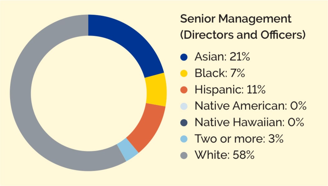 Donut chart showing the 2022 breakdown of racial/ethnic diversity in the workforce for senior management (directors and officers). 21% of directors and officers are Asian, 7% are Black, 11% are Hispanic, 0% are Native American, 0% are Native Hawaiian, 3% are two or more races, and 58% are White.