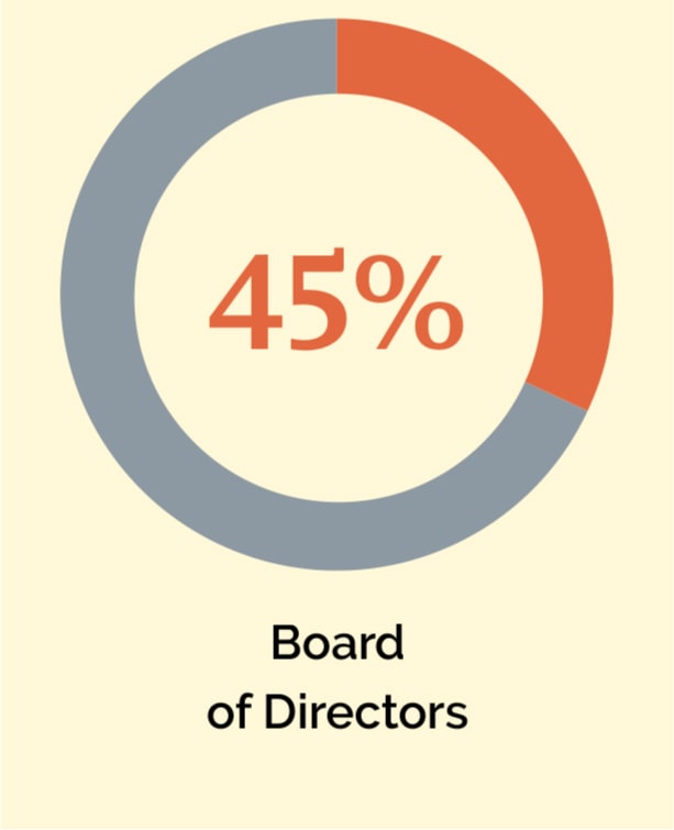 Donut chart depicting the percentage of women in the workforce in 2022: 45% of our Board of Directors are women.