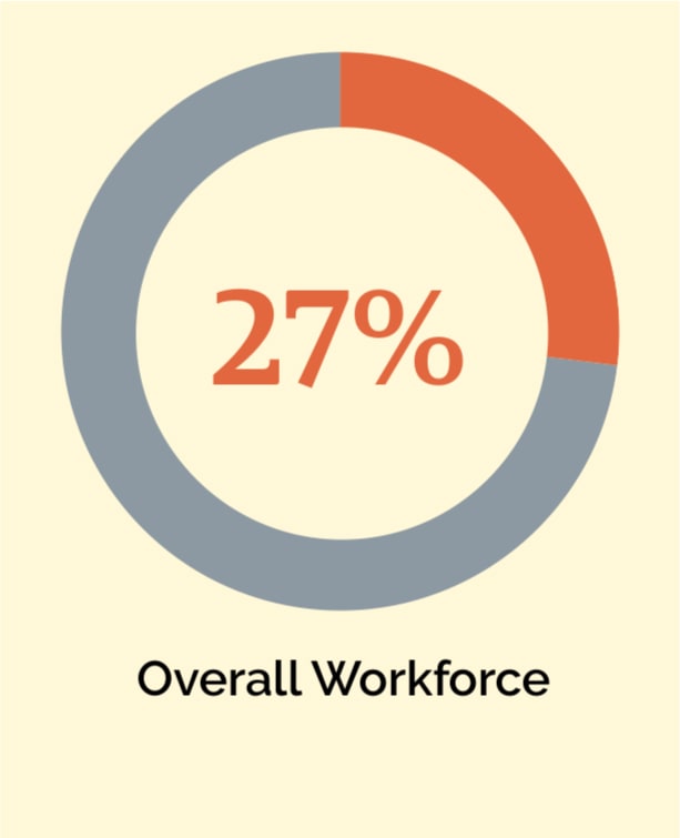 Donut chart depicting the percentage of women in the workforce in 2022: 27% of the overall workforce are women.