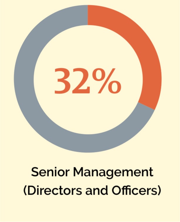 Donut chart depicting the percentage of women in the workforce in 2022: 32% of Senior Management (Directors and Officers) are women.