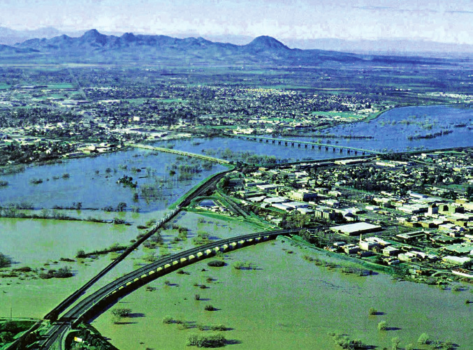 Aerial view of Marysville surrounded by floodwaters