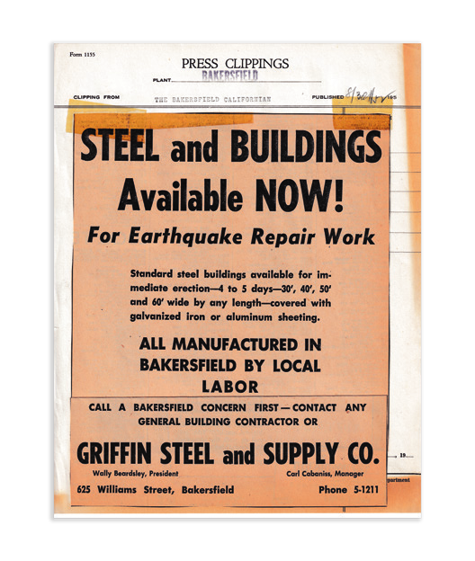Press clipping headline reading Steel and Buildings Available NOW for Earthquake Repair Work