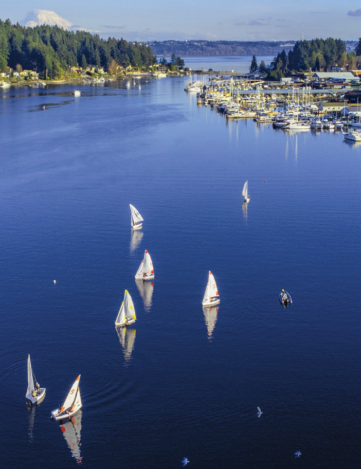 Aerial view of a marina with sailboats in Pacific Northwest waters