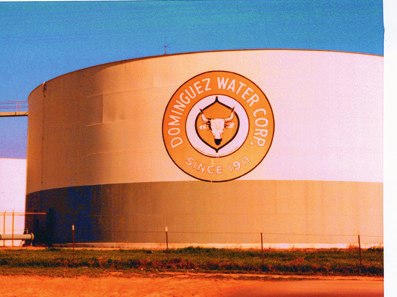 Orange Dominguez Water storage tank with company logo