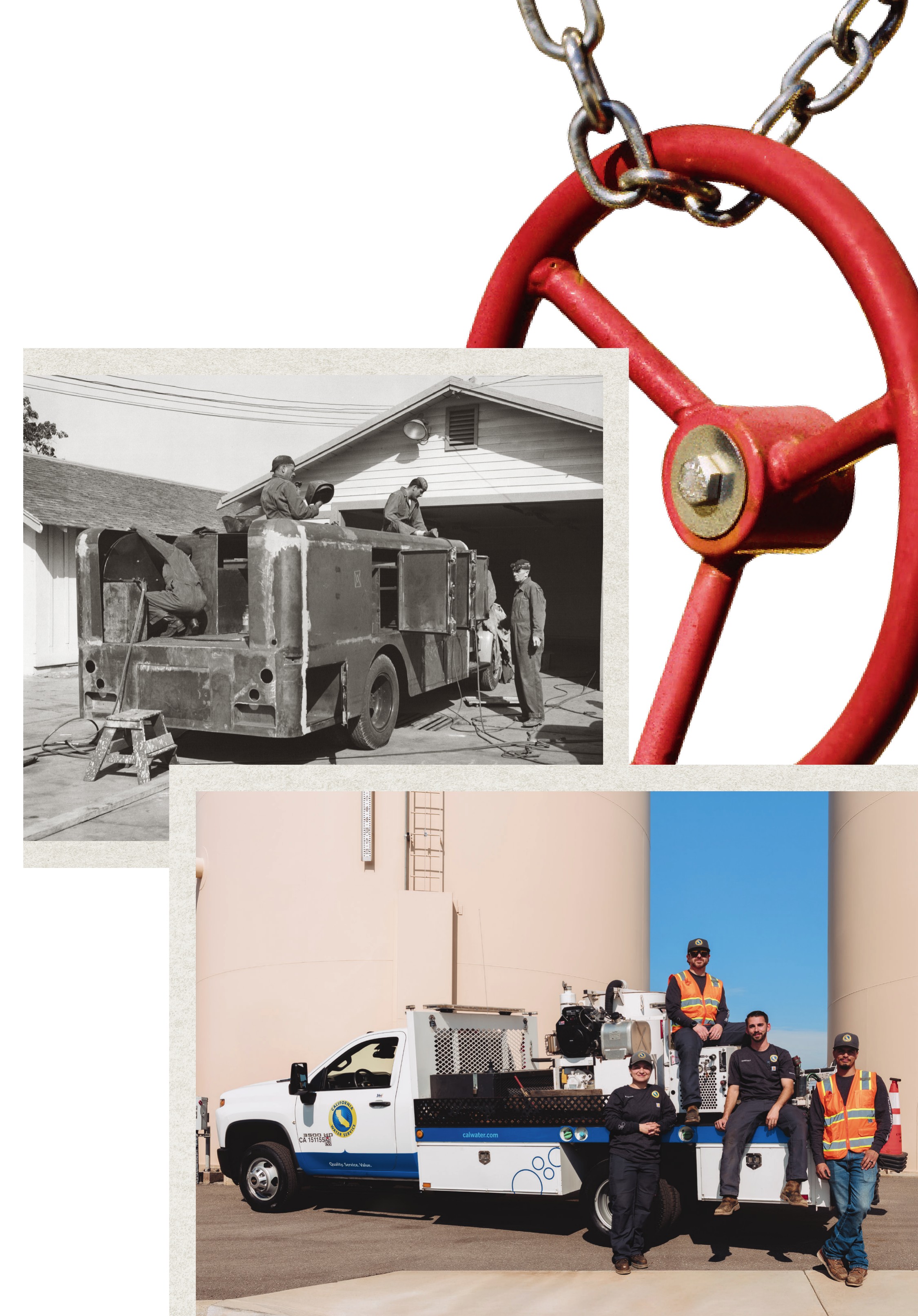 Photo collage: a red fire valve wheel, a vintage 1950s Cal Water fire truck crew, and a modern Cal Water service team