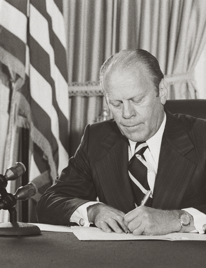 President Gerald Ford signing the Safe Drinking Water Act into law in 1974, establishing the federal framework for drinking water quality standards